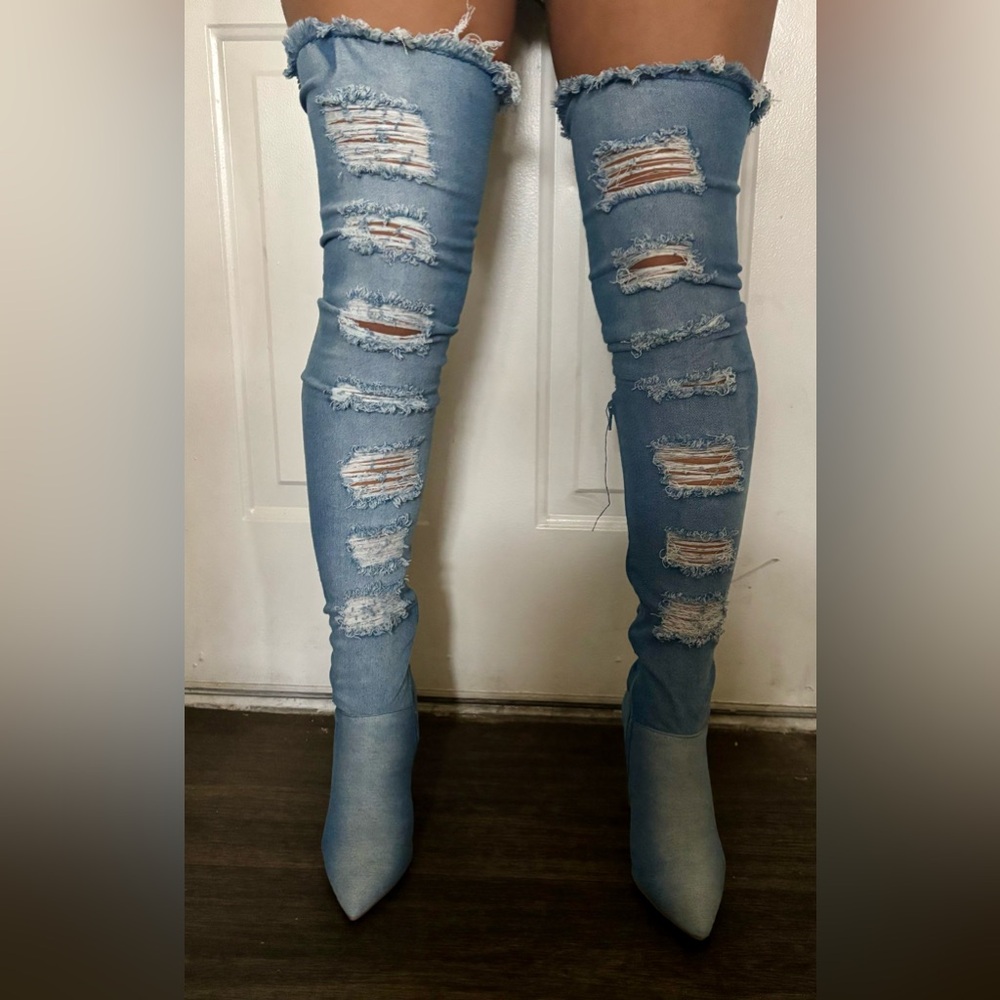 Stylish Distressed Denim Thigh High Boots